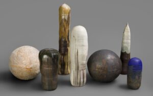 stoneware by Toshiko Takaezu, closed forms including spheres and closed rounded cylindrical shapes, different color glazes